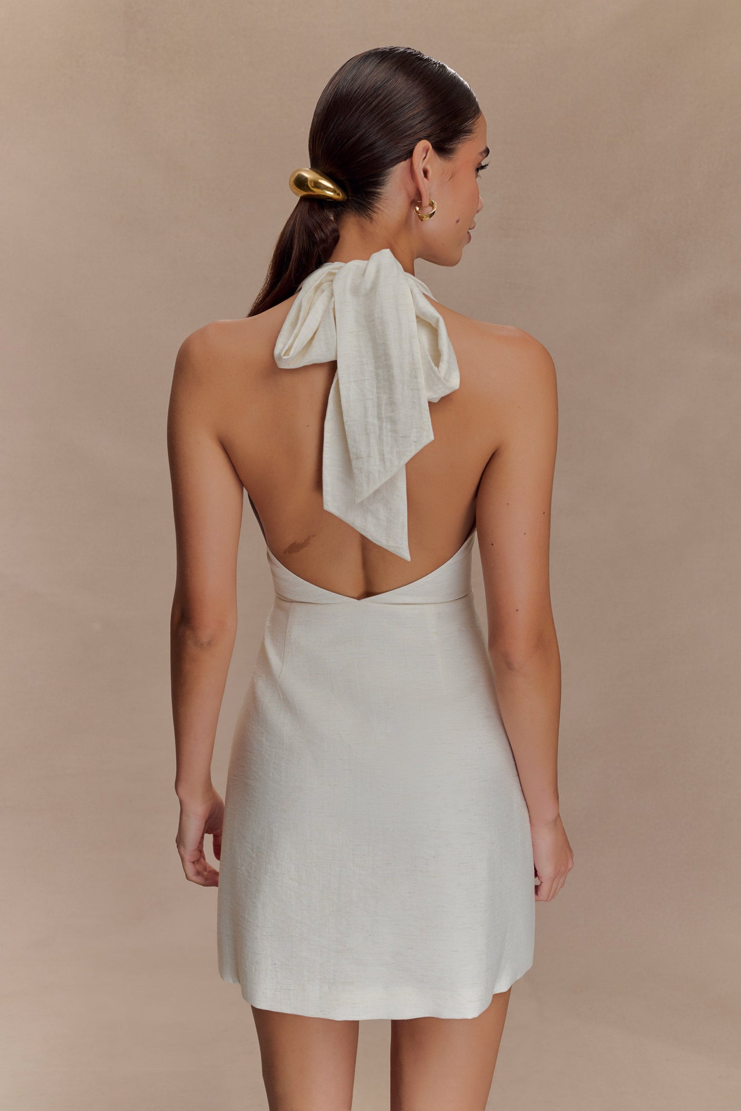 Anya Keten Boyundan Bağlamalı Mini Elbise - Oat Marle