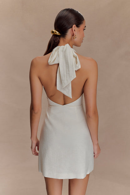 Anya Keten Boyundan Bağlamalı Mini Elbise - Oat Marle