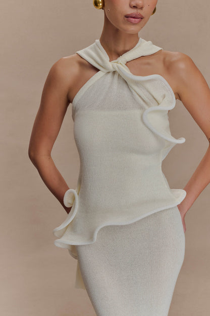 Caprice Halter Örgü Uzun Elbise - Beyaz