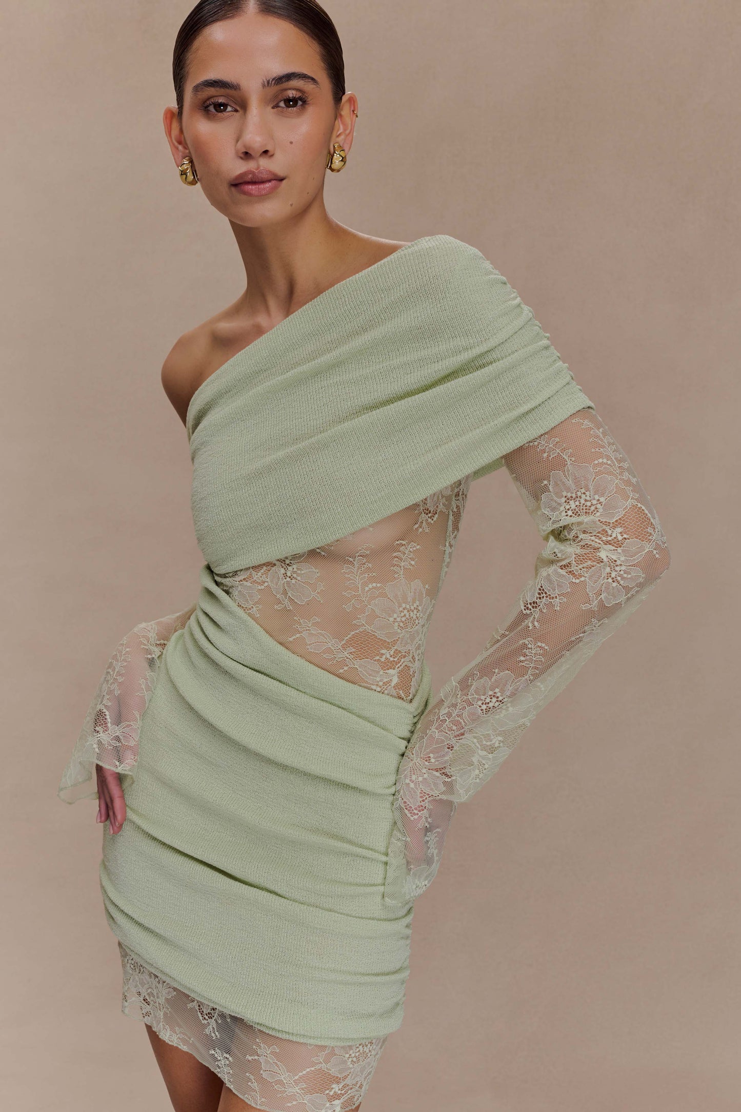 Luxie Dantel Örgü Mini Elbise - Pastel Yeşil