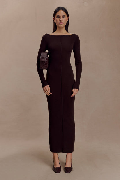 Cleona Merino Yünlü Ribanalı Uzun Kollu Maksi Elbise - Koyu Çikolata