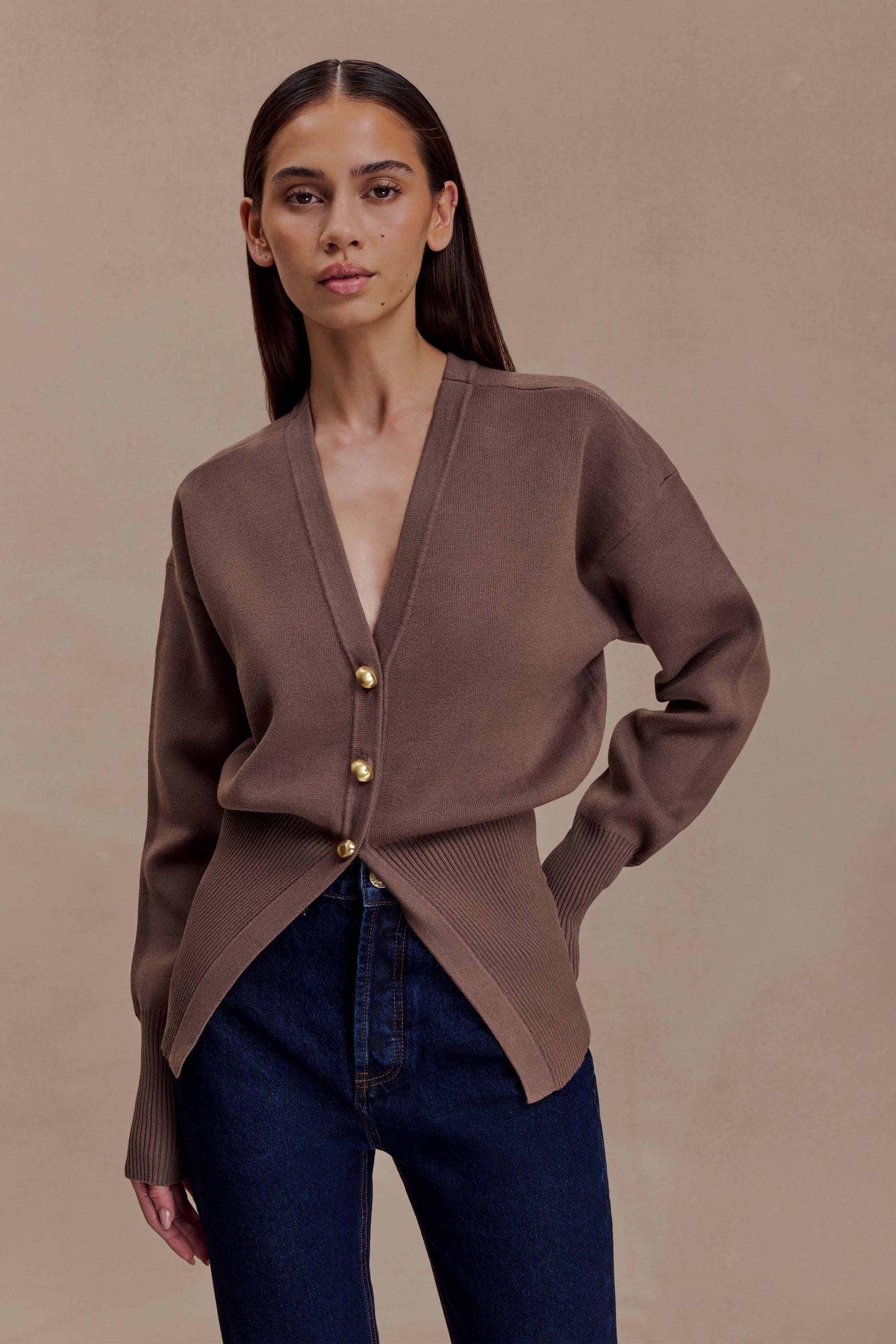 Amanda Statement Düğmeli Örgü Hırka - Kakao Kahvesi