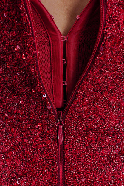 Zander El Yapımı Boncuklu Askısız Mini Elbise - Kırmızı Ombre