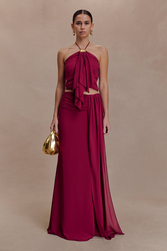 Celina Şifon Üst Katmanlı Uzun Etek - Kiraz Kırmızısı