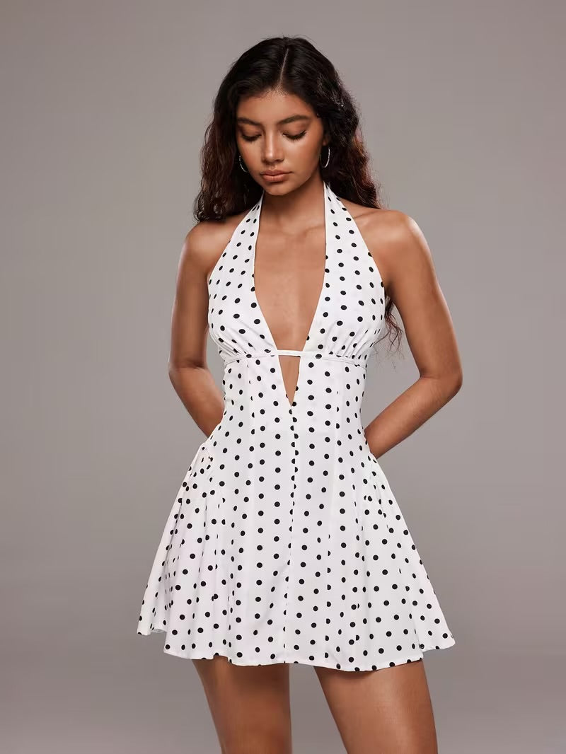 Beyaz Puantiyeli Halter Yaka Mini Elbise