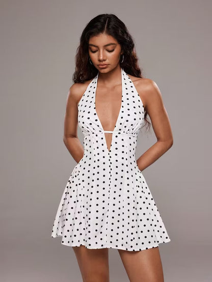 Beyaz Puantiyeli Halter Yaka Mini Elbise