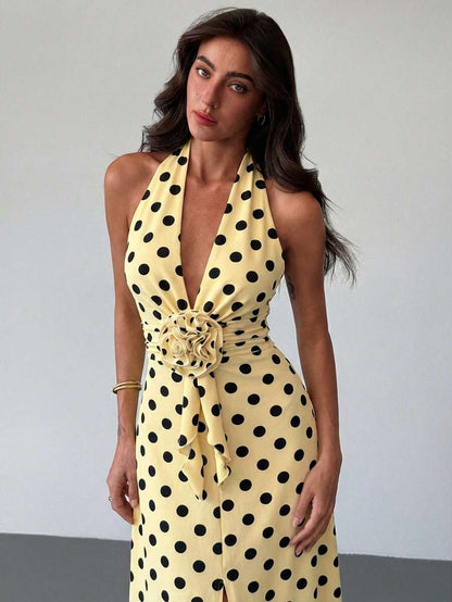 Dalia | Gül Detaylı Puantiyeli Maxi Elbise