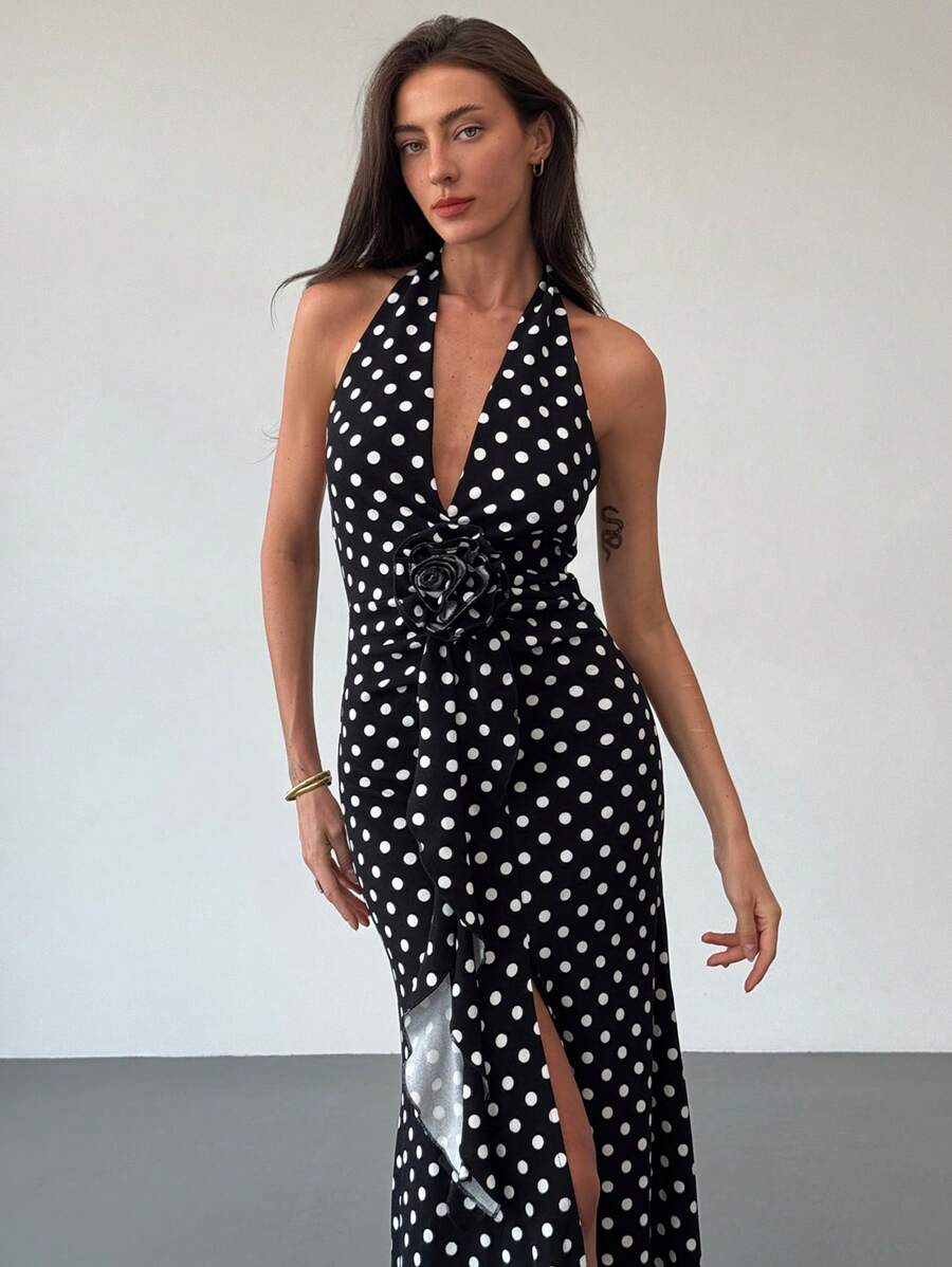 Dalia | Gül Detaylı Puantiyeli Maxi Elbise