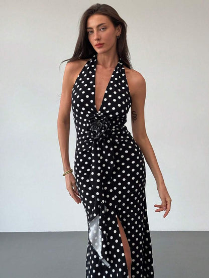 Dalia | Gül Detaylı Puantiyeli Maxi Elbise