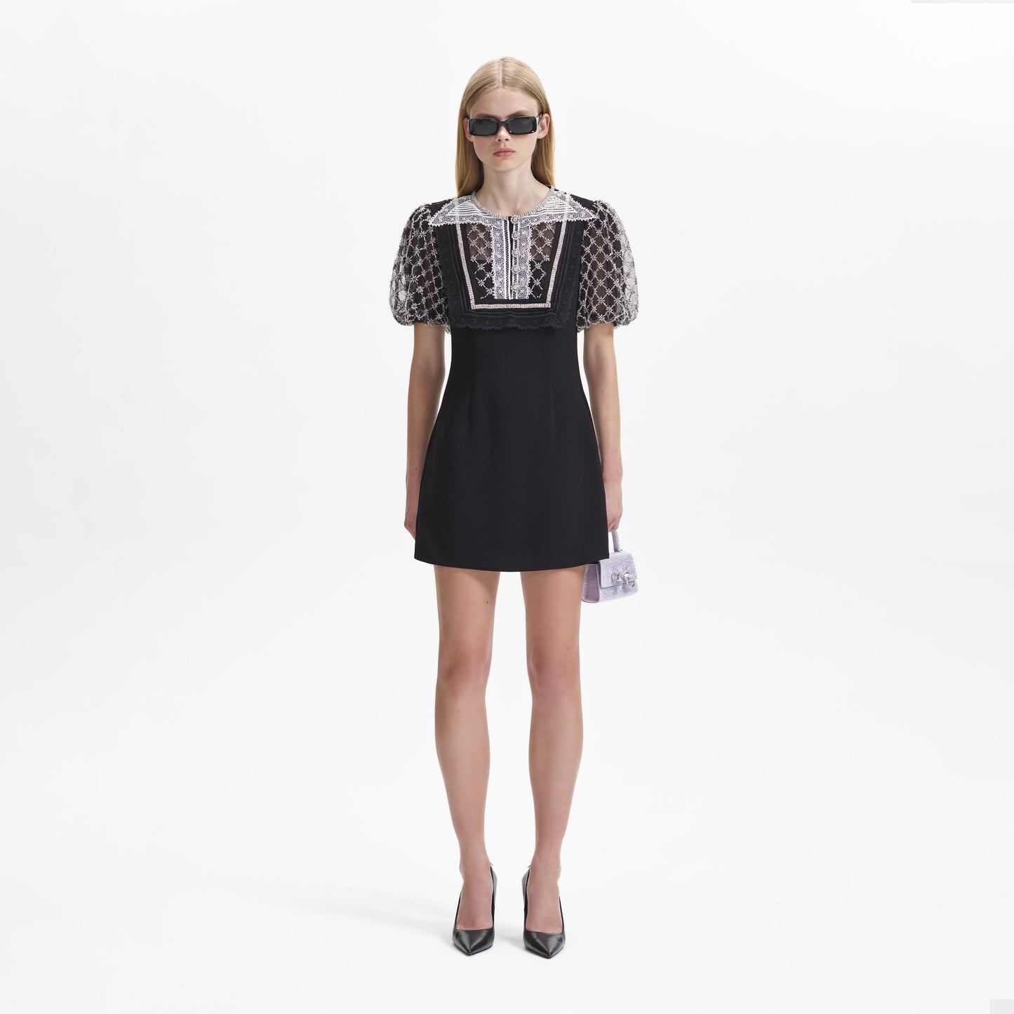Siyah Süslemeli Puf Kollu Mini Elbise