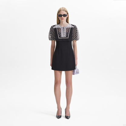 Siyah Süslemeli Puf Kollu Mini Elbise