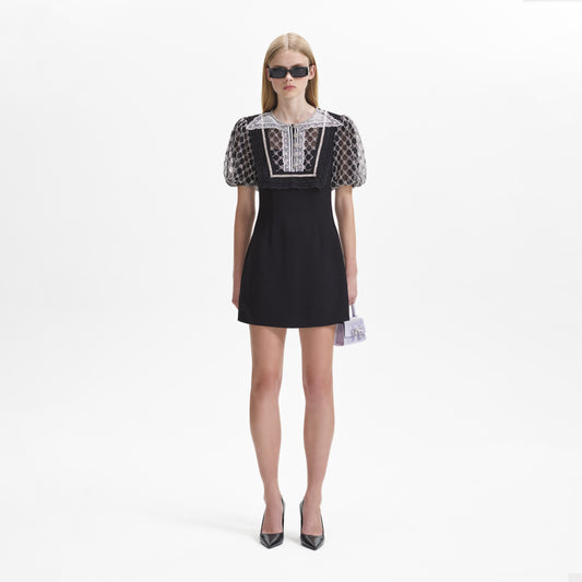 Siyah Süslemeli Puf Kollu Mini Elbise