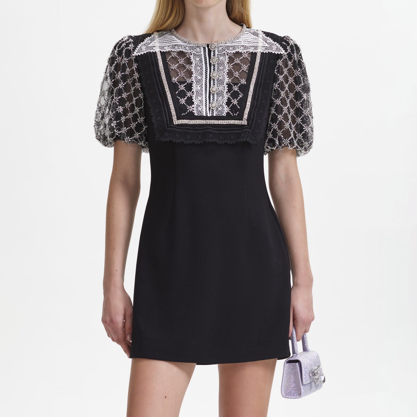 Siyah Süslemeli Puf Kollu Mini Elbise