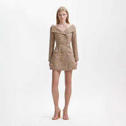 Altın Simli Bukle Omuz Açık Mini Elbise