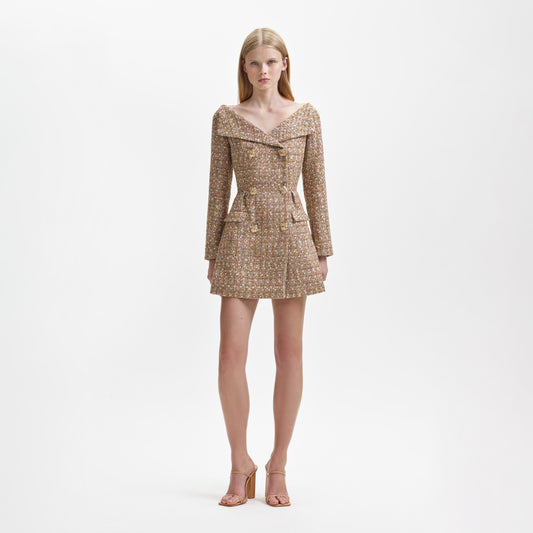 Altın Simli Bukle Omuz Açık Mini Elbise