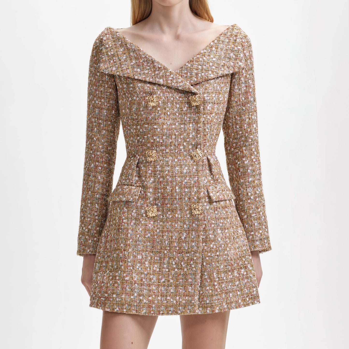 Altın Simli Bukle Omuz Açık Mini Elbise