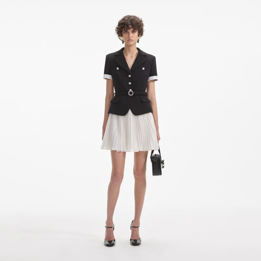 Siyah Krep Kontrast Şifon Mini Elbise