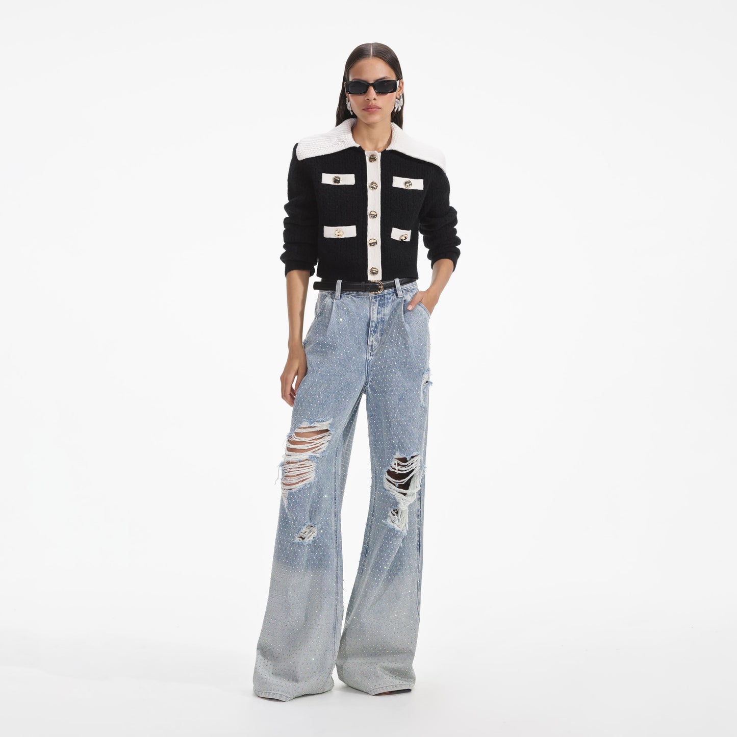 Siyah Kontrast Kaşmir Karışımlı Hırka