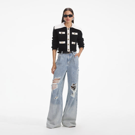 Siyah Kontrast Kaşmir Karışımlı Hırka