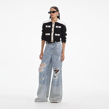 Siyah Kontrast Kaşmir Karışımlı Hırka