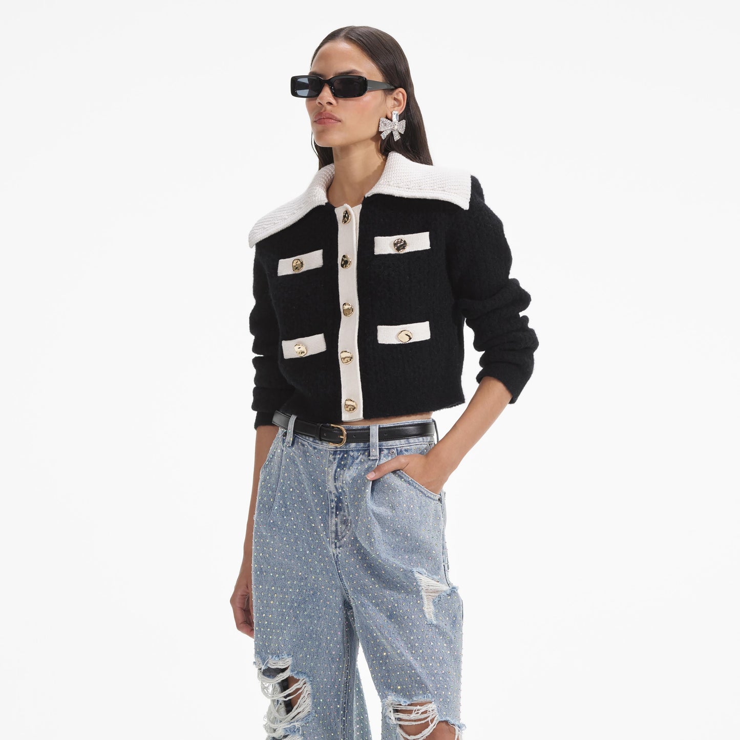 Siyah Kontrast Kaşmir Karışımlı Hırka