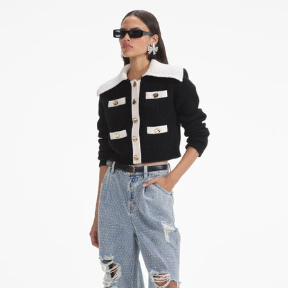 Siyah Kontrast Kaşmir Karışımlı Hırka