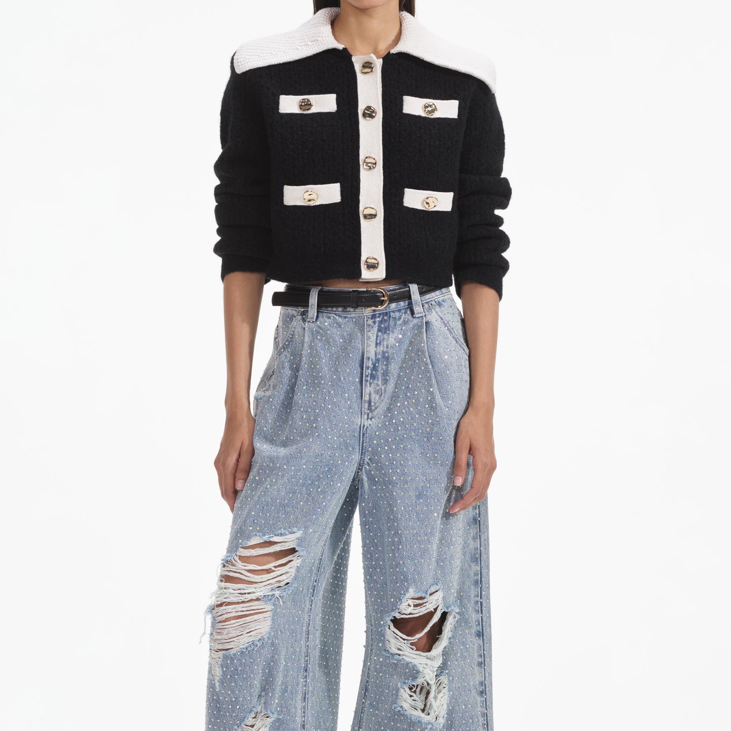 Siyah Kontrast Kaşmir Karışımlı Hırka