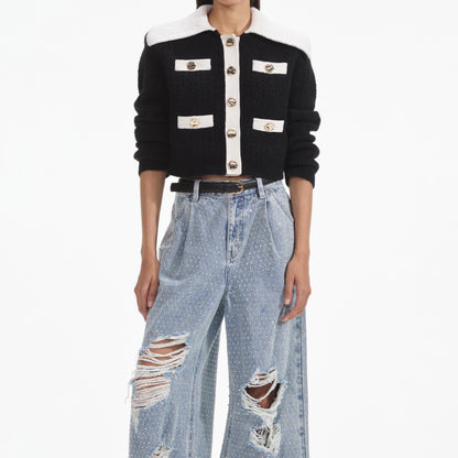 Siyah Kontrast Kaşmir Karışımlı Hırka