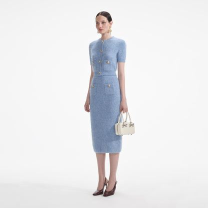 Mavi Yumuşak Örme Midi Etek