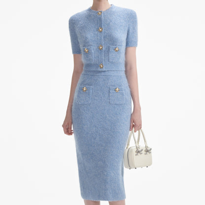 Mavi Yumuşak Örme Midi Etek