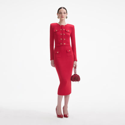 Kırmızı Örme Kalp Düğmeli Midi Etek