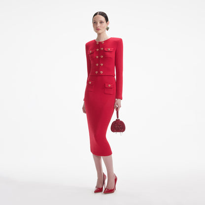 Kırmızı Örme Kalp Düğmeli Midi Etek