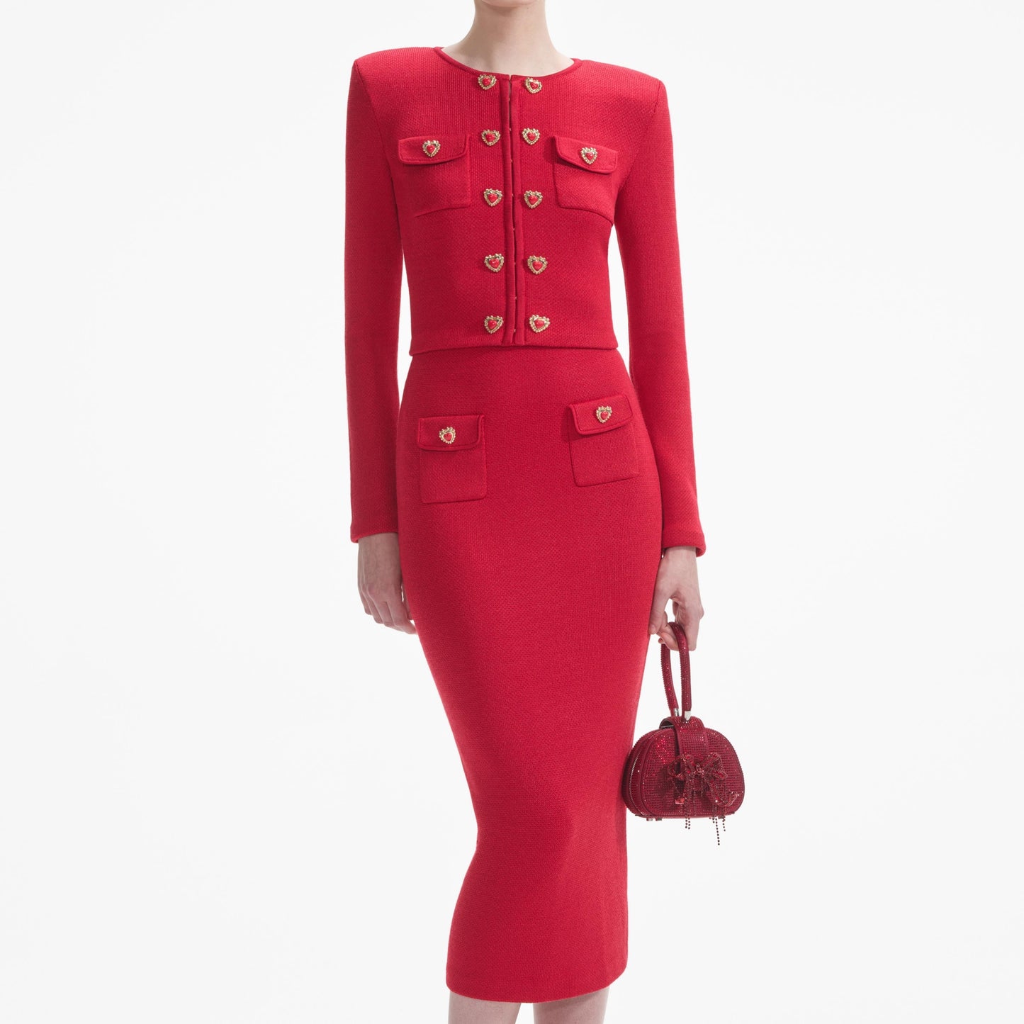 Kırmızı Örme Kalp Düğmeli Midi Etek