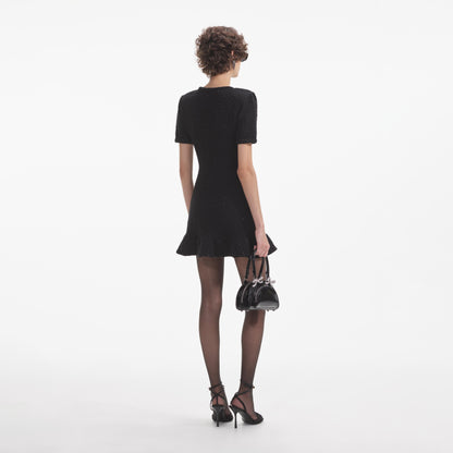 Siyah Örme Düğmeli Mini Elbise