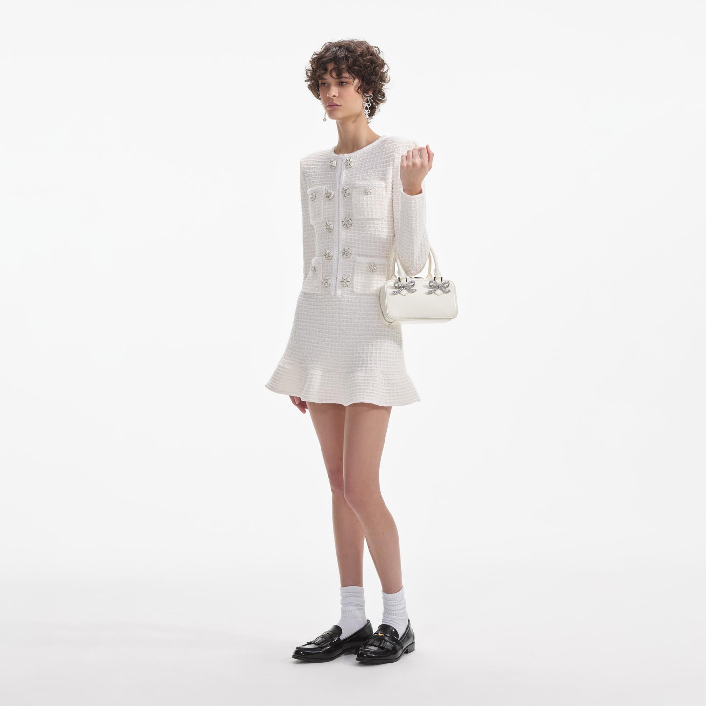 Krem Düğmeli Örme Mini Elbise