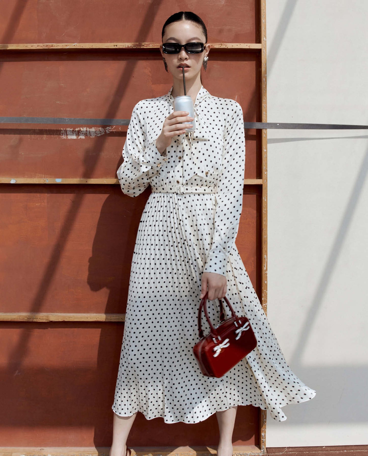 Krem Puantiyeli Saten Midi Elbise