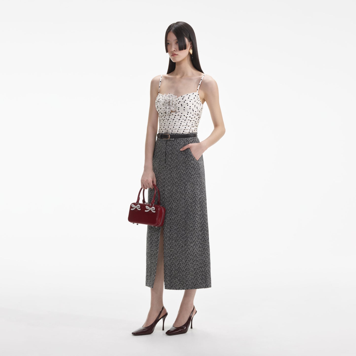 Krem Puantiyeli Saten Üst