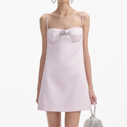 Pembe Saten Pırlanta Mini Elbise