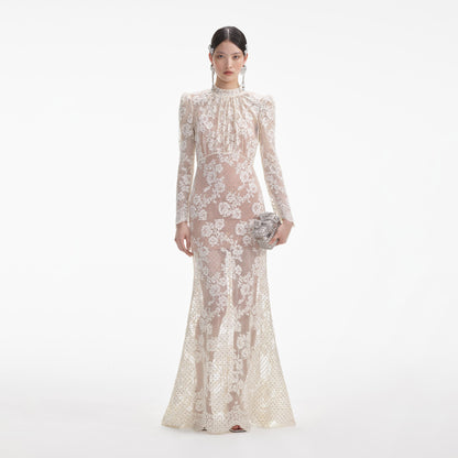 Beyaz Taşlı Dantel Uzun Elbise