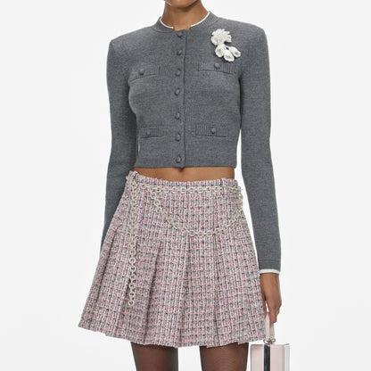 Gri Tığ İşi Çiçekli Hırka