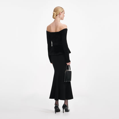 Siyah Şönil Örgü Kristal Kenarlı Midi Elbise