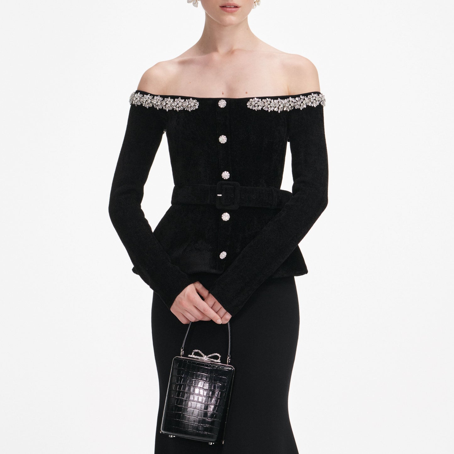 Siyah Şönil Örgü Kristal Kenarlı Midi Elbise