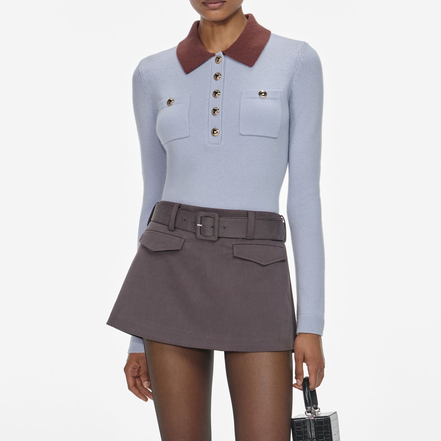 Mavi Kontrast Yaka Örgü Üst