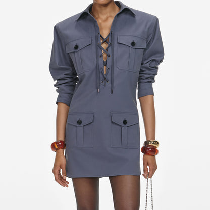 Gri Pamuklu Uzun Kollu Mini Elbise