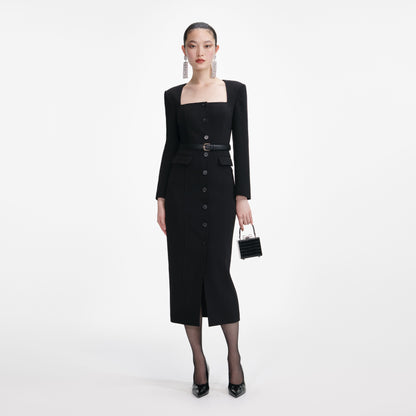 Siyah Dar Kesim Krep Midi Elbise