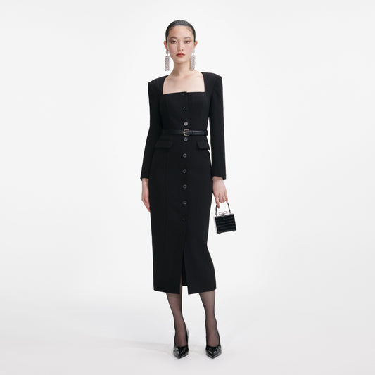 Siyah Dar Kesim Krep Midi Elbise