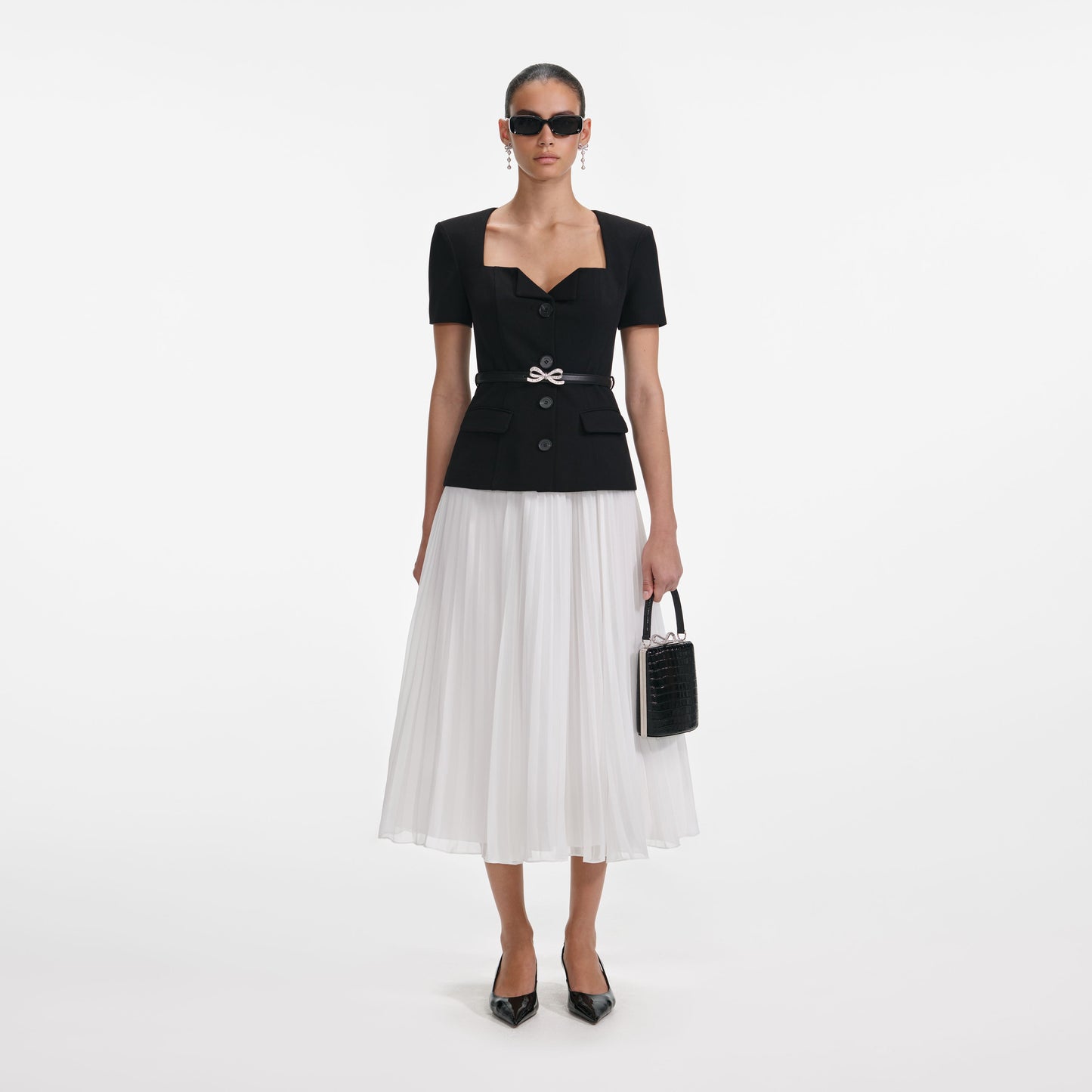 Siyah Terzi Kesim Kontrast Şifon Midi Elbise