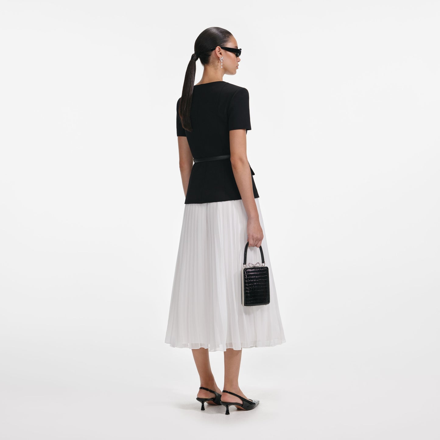 Siyah Terzi Kesim Kontrast Şifon Midi Elbise