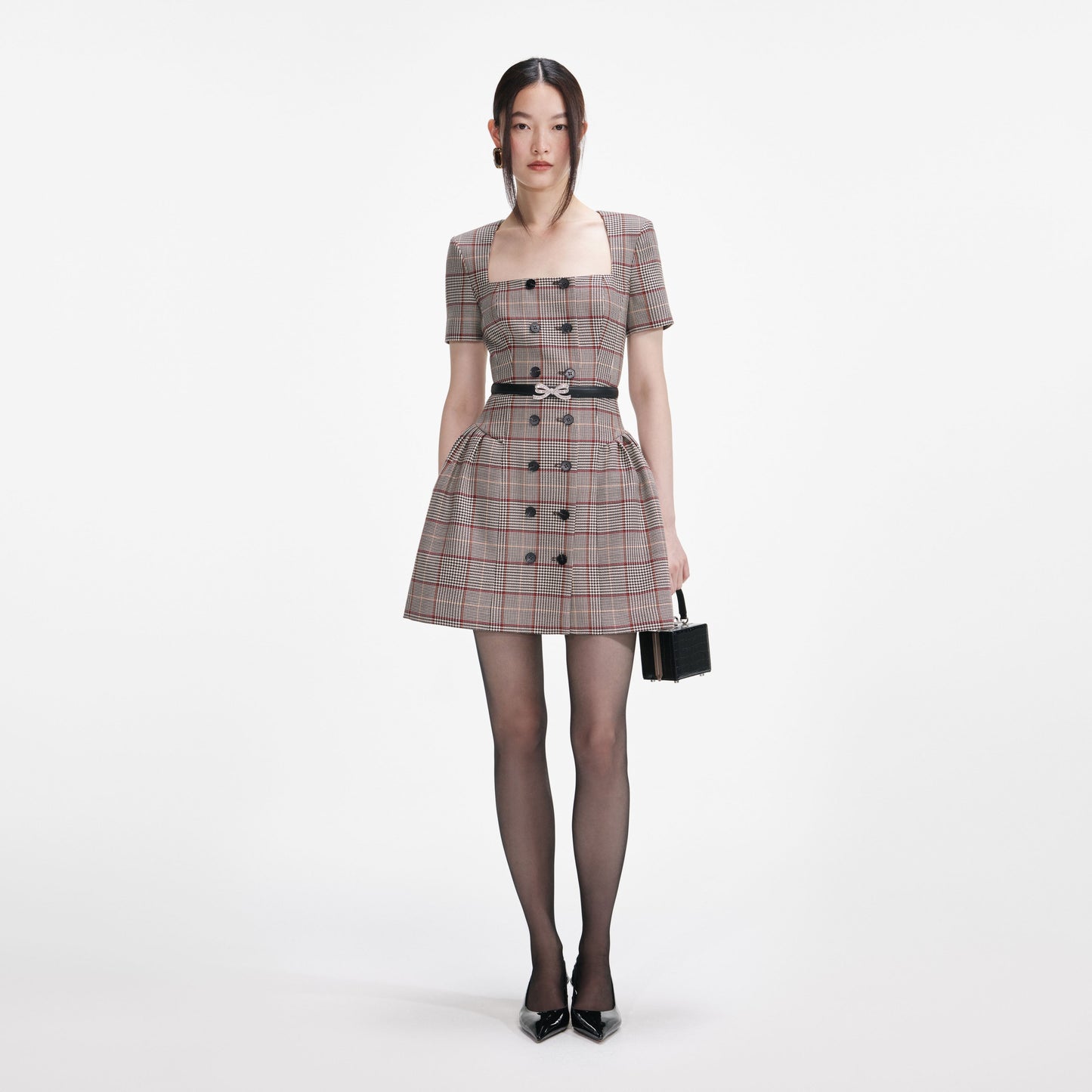 Kahverengi Kareli Kısa Kollu Mini Elbise