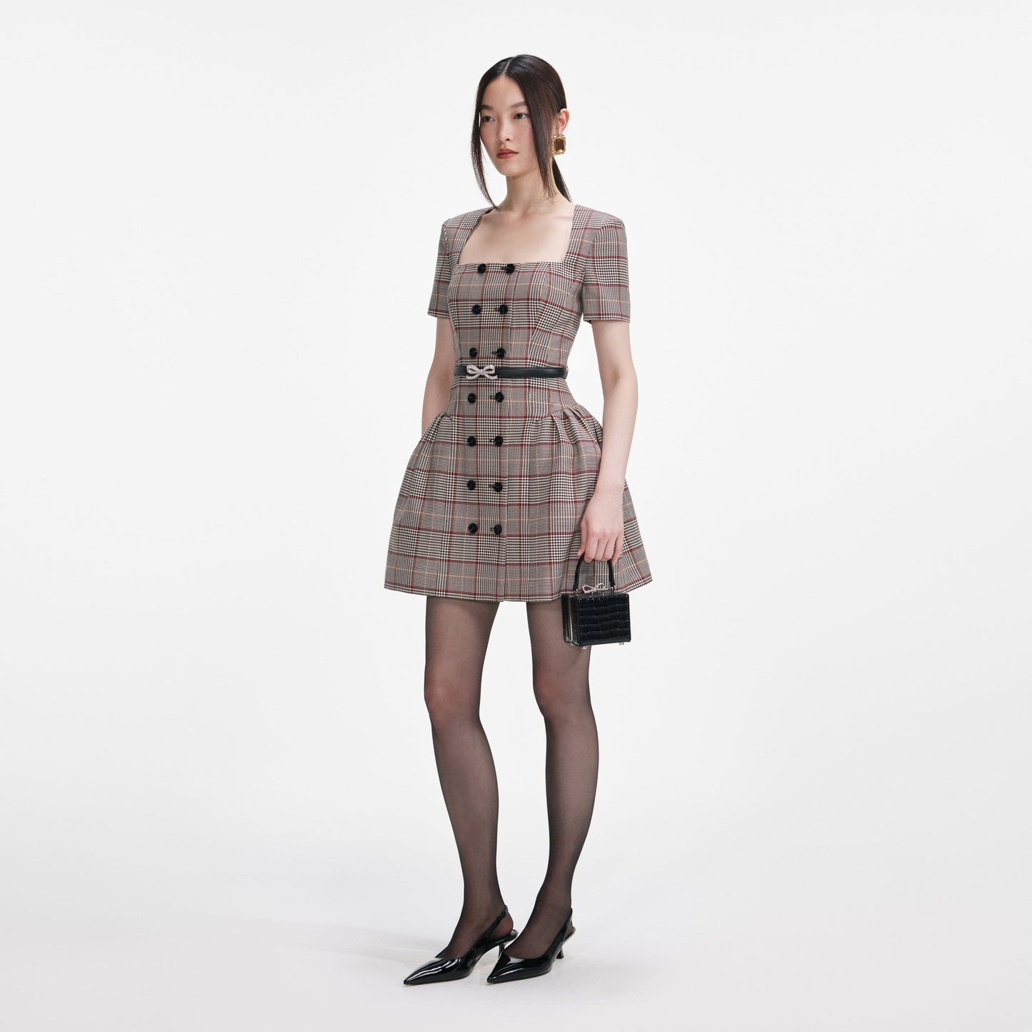 Kahverengi Kareli Kısa Kollu Mini Elbise